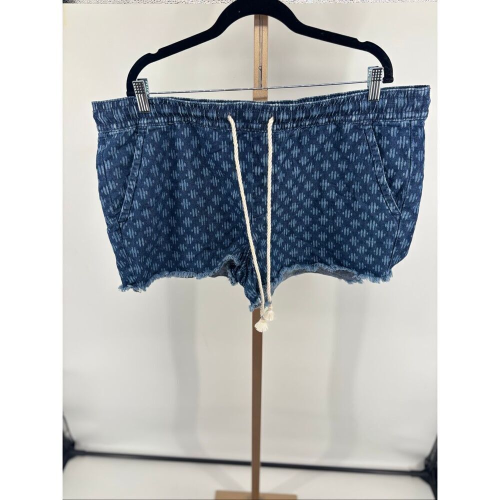LOFT Cotton Linen Blend Indigo Print Drawstring Frayed Shorts XL